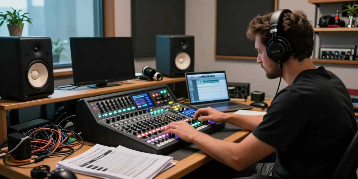 Audio engineer adjusting Tascam DA88 multitrack recorder in modern studio setup
