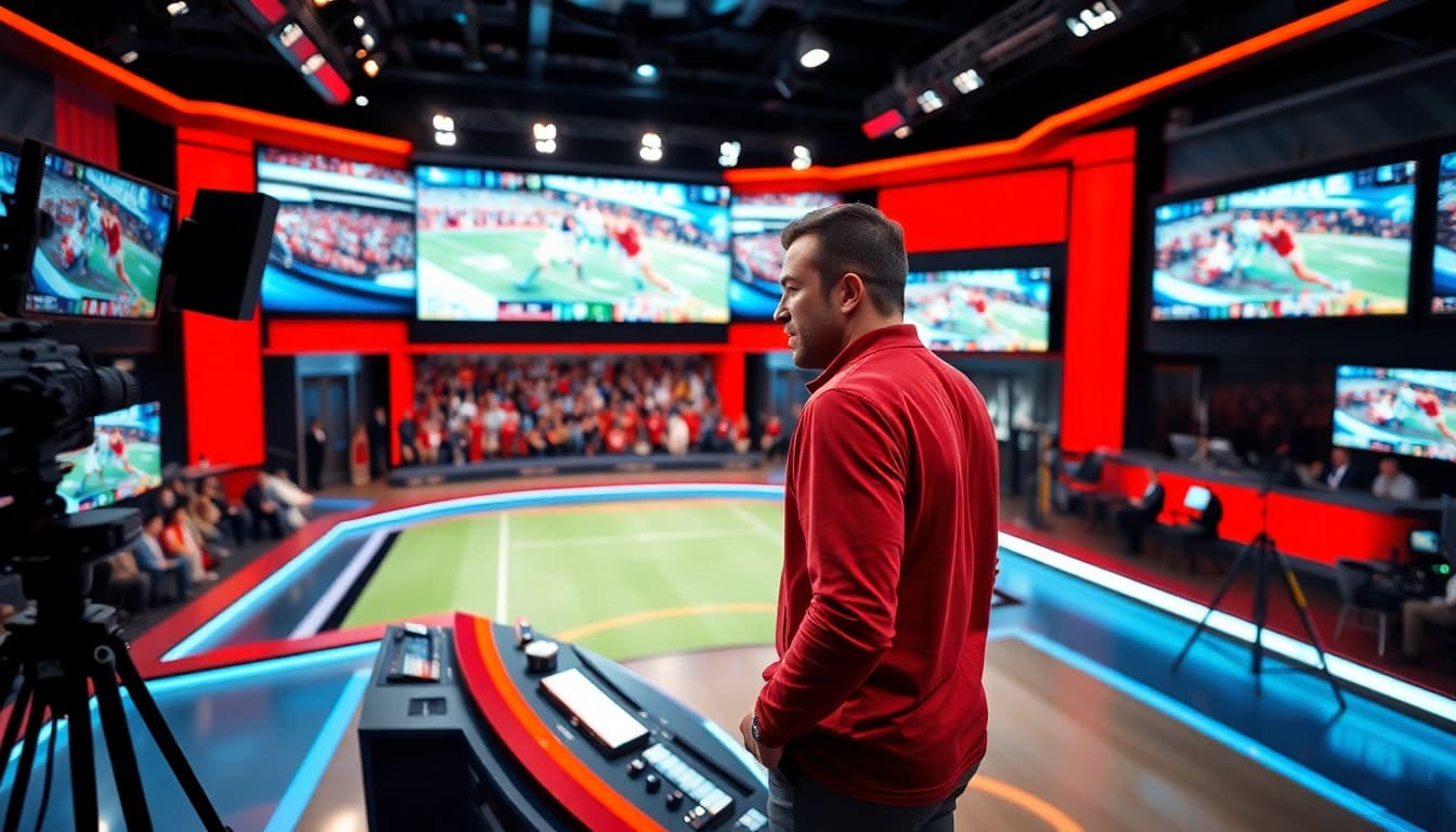 Captivating sports broadcasting scene featuring a professional anchor in a dynamic studio.