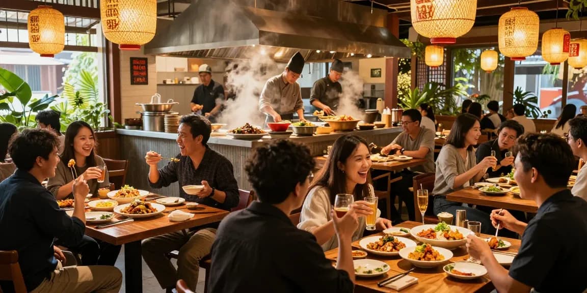Diners enjoying delicious Asian fusion dishes at RED88 restaurant with vibrant decor and lively atmosphere.