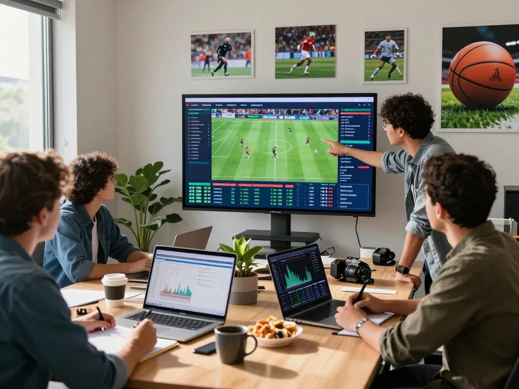 A group of analysts at https://bongdalu.trade/ reviewing live sports statistics and data in a modern office.