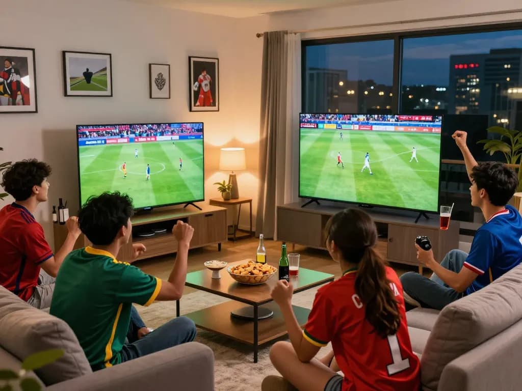 Xoilac live streaming football match with friends enjoying snacks and excitement in a cozy living room.
