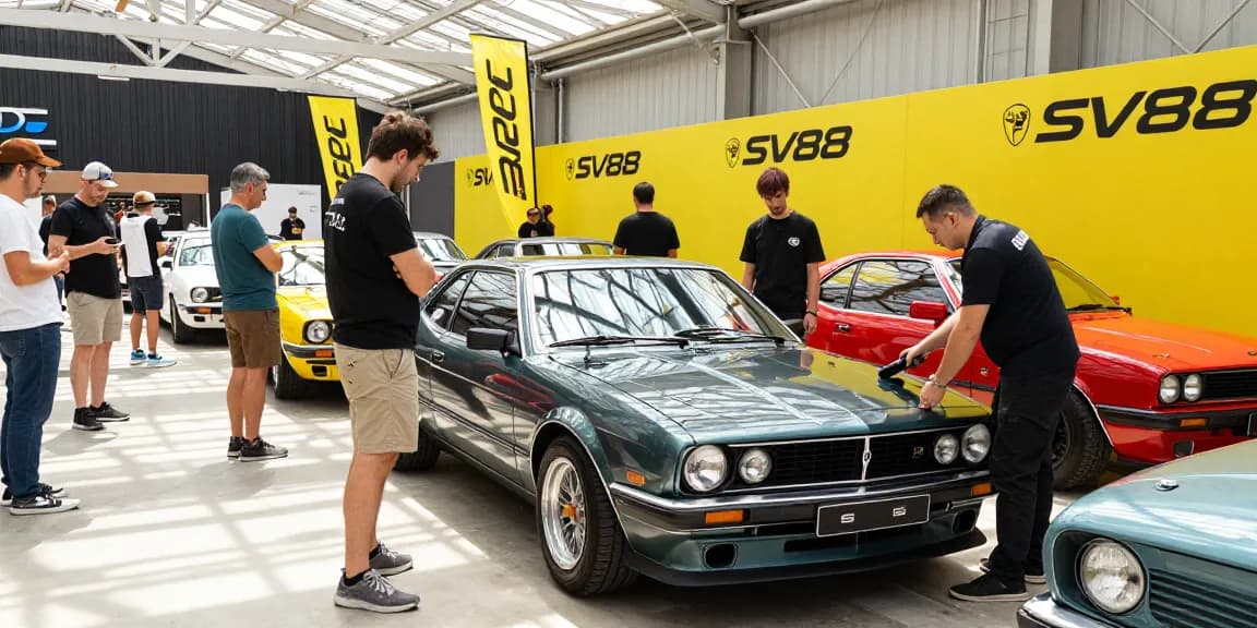 SV88 displayed in a dynamic automotive showroom during an event, showcasing its classic design.