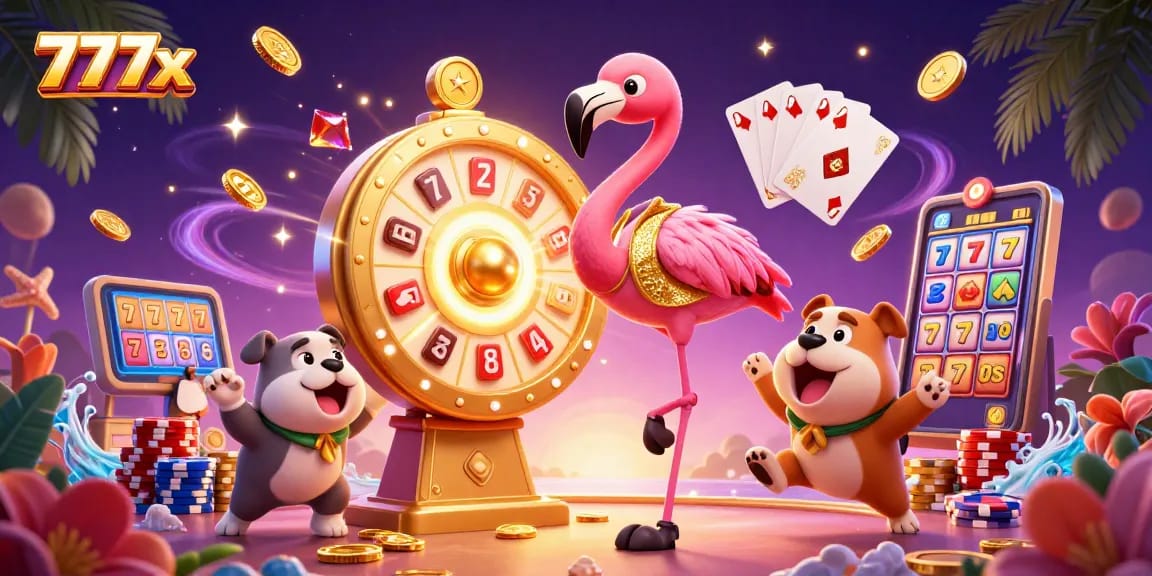 Experience excitement with 777x at a dynamic casino scene featuring prizes and vibrant game elements.