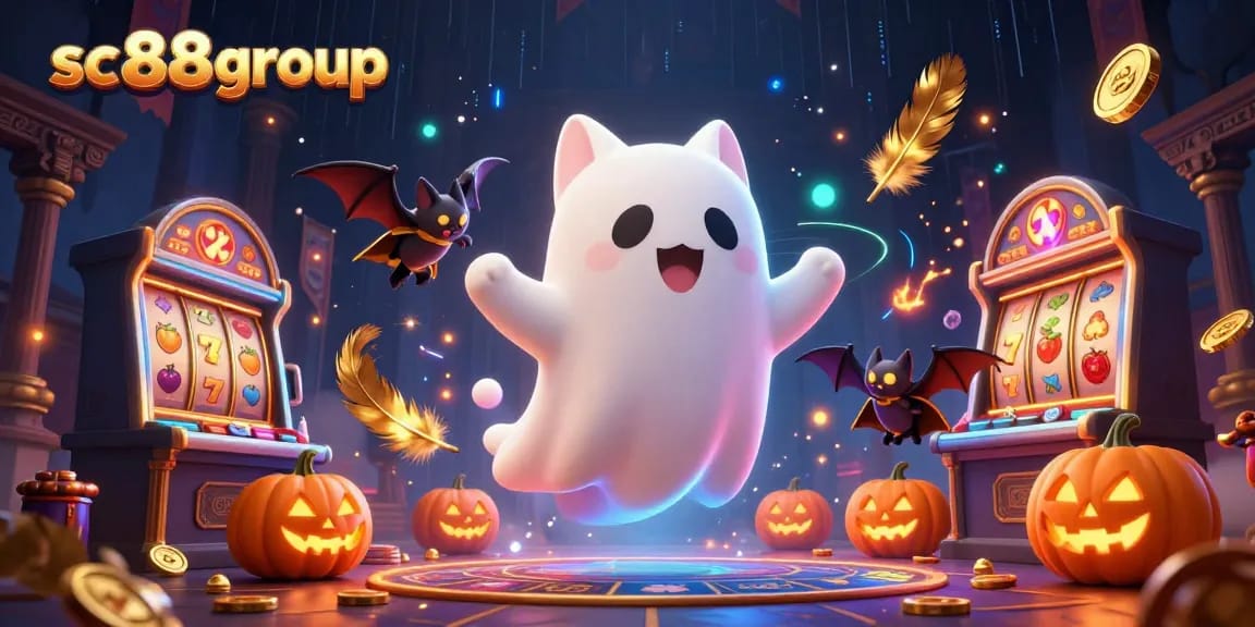 Experience the thrilling world of sc88group with a ghostly cat and vibrant casino elements.