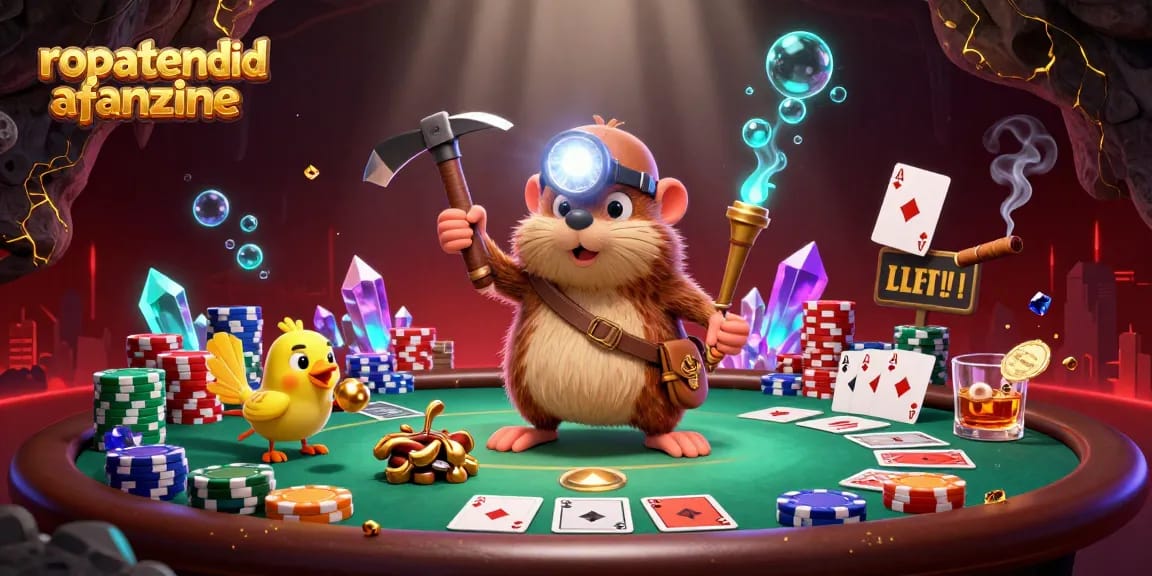 Engage with ropatendidafanzine's thrilling poker showdown featuring treasure hunting characters amidst vibrant casino elements.