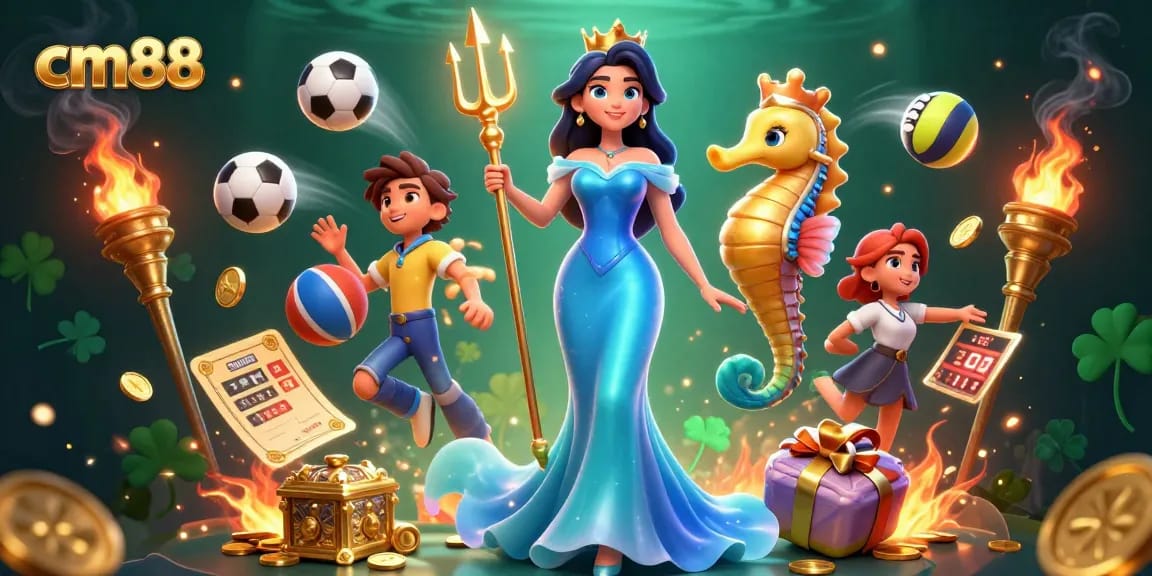 Experience top-tier betting action with cm88's vibrant 3D illustration showcasing sports and casino elements.