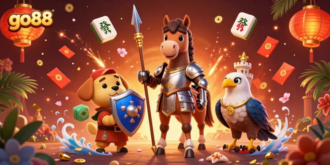 Engage with go88's vibrant gaming scene featuring a knight, puppy shield bearer, and falcon surrounded by casino elements.