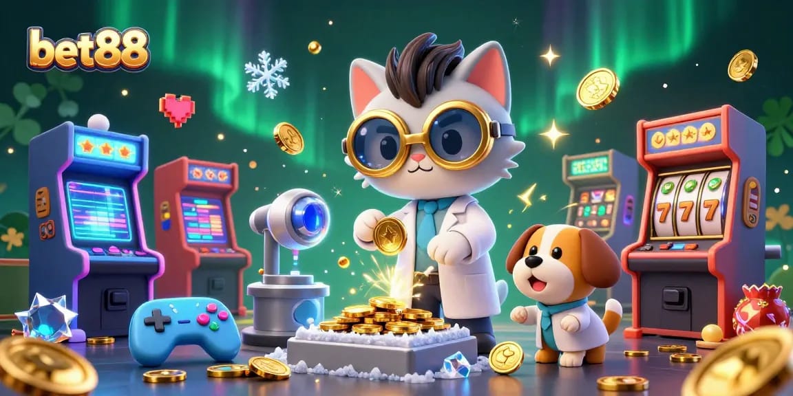 Engage with bet88's thrilling casino experience featuring a vibrant scene of a mad scientist cat and assistant amidst gaming excitement.