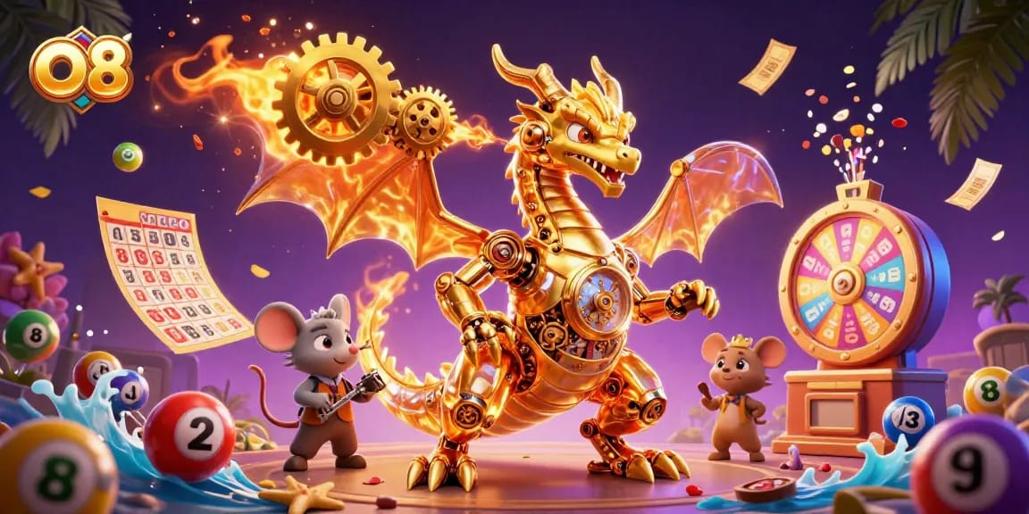 O8 delivers thrilling action with vibrant lottery balls and dynamic golden prizes flying through the casino scene.