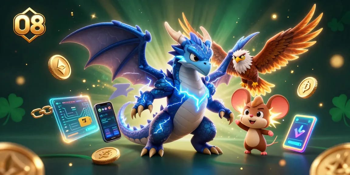 Engage in thrilling gameplay at O8 casino featuring animated characters and vibrant crypto elements.