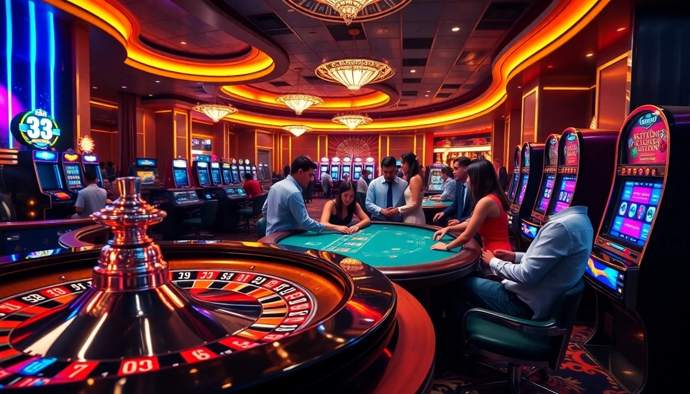 Excited players enjoying games at 33win's vibrant casino atmosphere with roulette and slots.