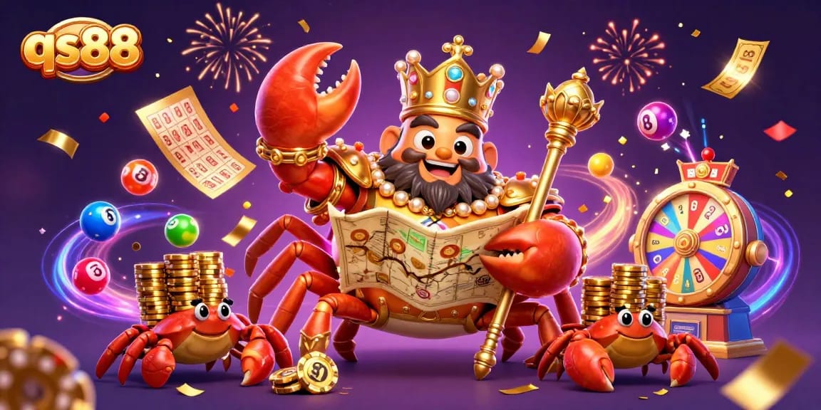 Experience excitement with qs88's golden crab emperor amidst a vibrant lottery and gaming scene.
