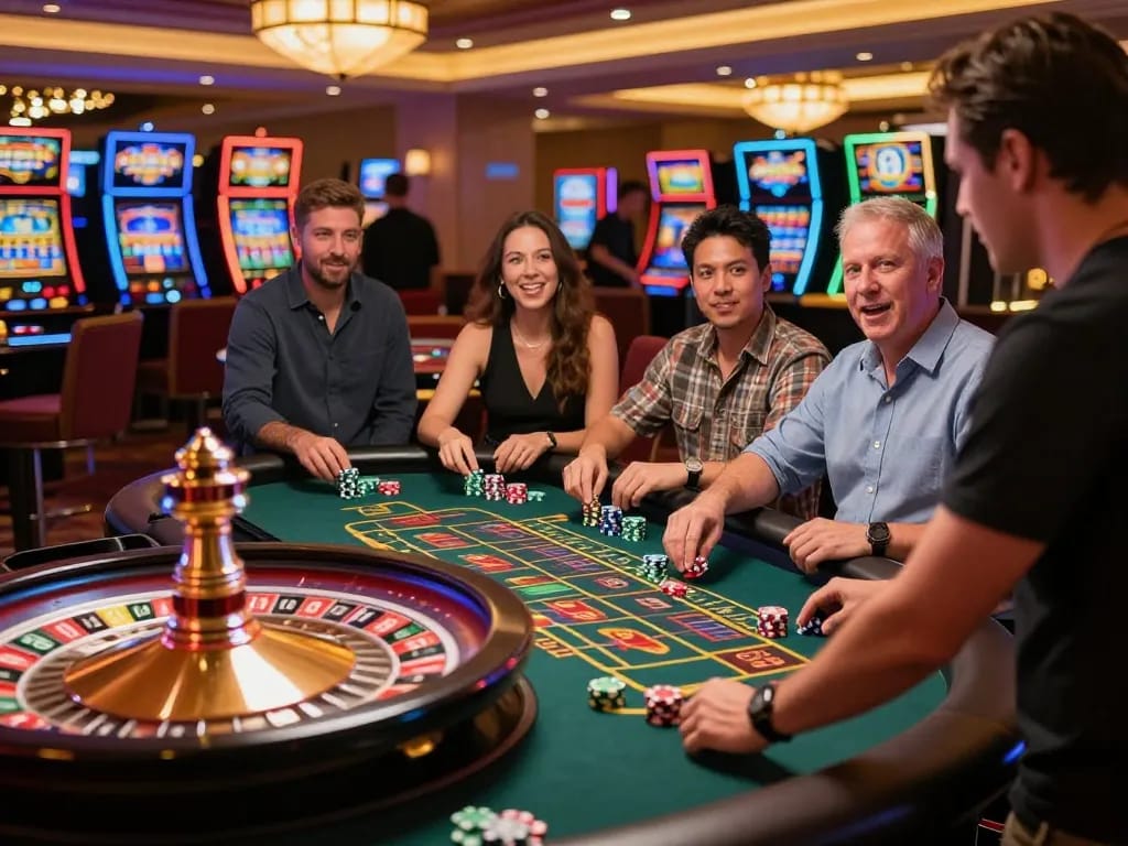 Players place bets at the roulette table for a chance to gem88 win big in an upscale casino setting.