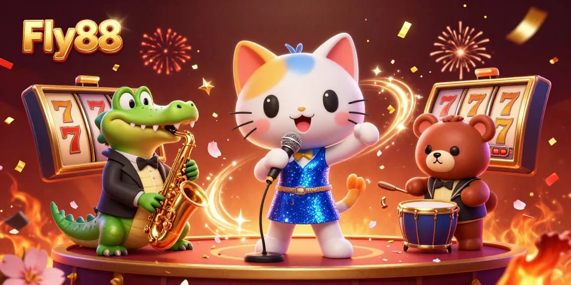 Experience thrilling gaming with Fly88's vibrant casino scene featuring animated characters.