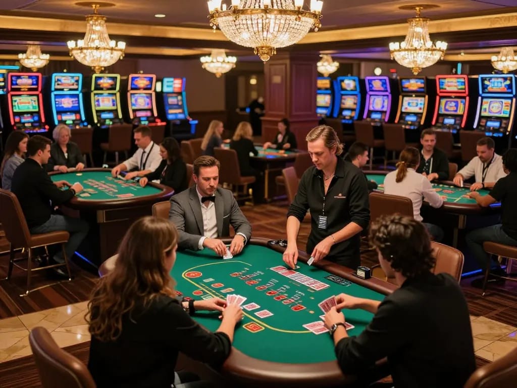 Excited players enjoying blackjack at ww88's vibrant upscale casino floor during an intense game