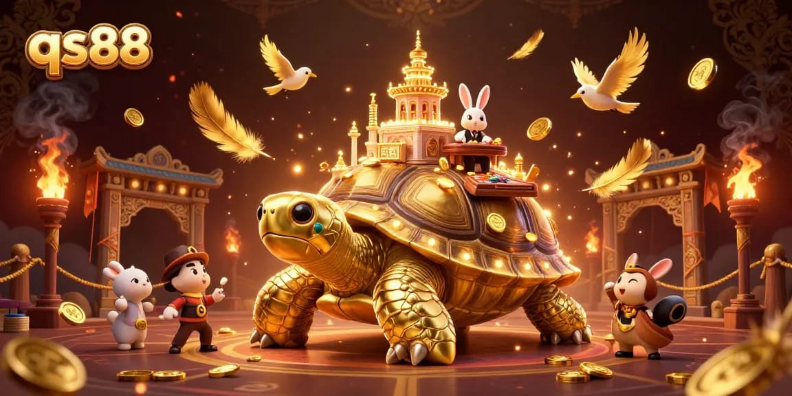qs88 showcases a golden tortoise casino with a rabbit dealer surrounded by coins in a dynamic 3D scene.