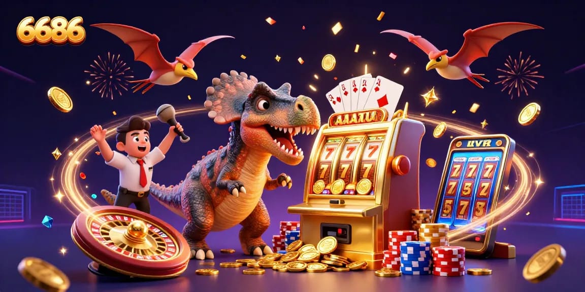Experience big wins at 6686 with a dynamic 3D casino illustration featuring dinosaurs, golden slot machines, and flying coins.