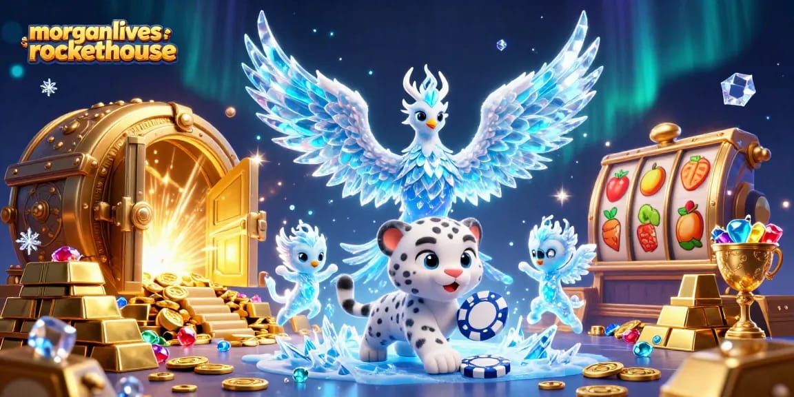 Spin and win at morganlivesinarockethouse with an enchanting scene of a phoenix, snow leopard, and vibrant slot elements.