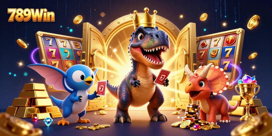 Experience the excitement of 789Win with a playful casino scene featuring vibrant characters and dynamic elements.