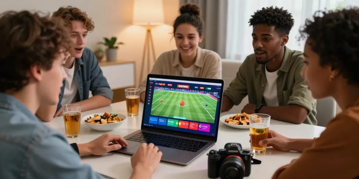 Friends enjoying the excitement of betting on Fortuna's sports platform in a lively living room.