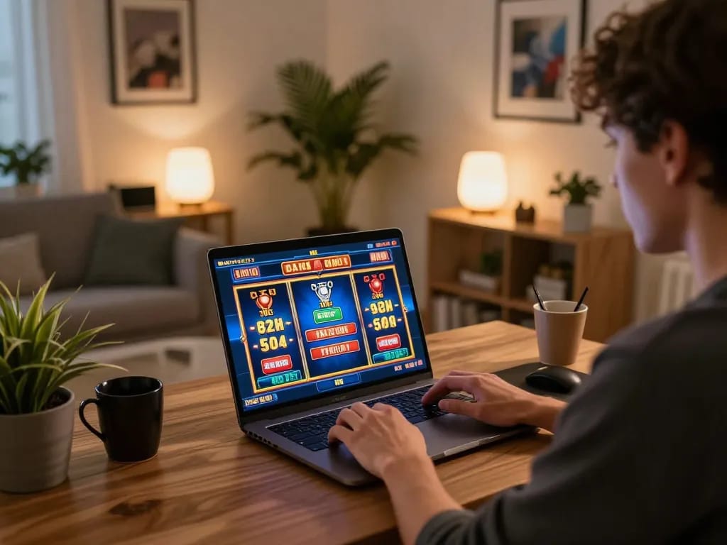 Player enjoying the online gaming experience at BL555 with vibrant slot interface and cozy home setup.