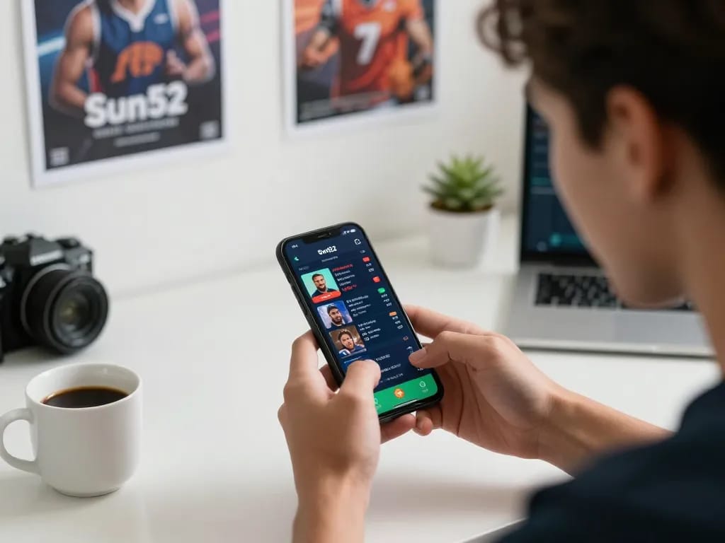 Sun52 user engaging in online sports betting with exciting live odds on smartphone.