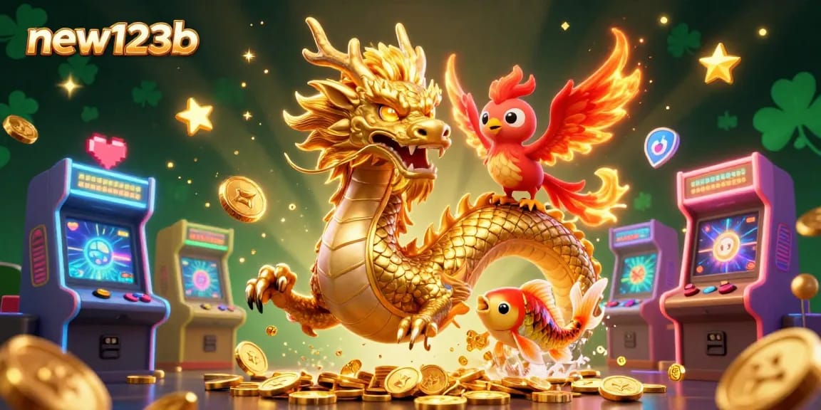 Win at new123b with a fierce dragon and phoenix amidst dazzling casino elements.