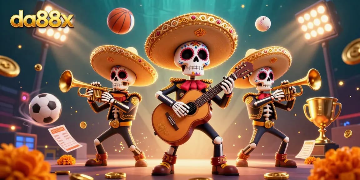 Engage with da88x’s lively skull mariachi band in this vibrant 3D casino-themed scene.