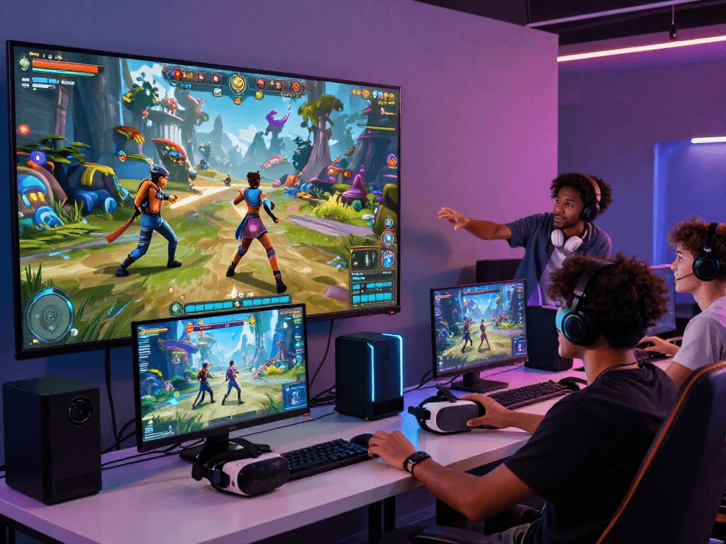 Exciting gaming scene showcasing diverse players enjoying porn games HTML in an immersive fantasy environment.