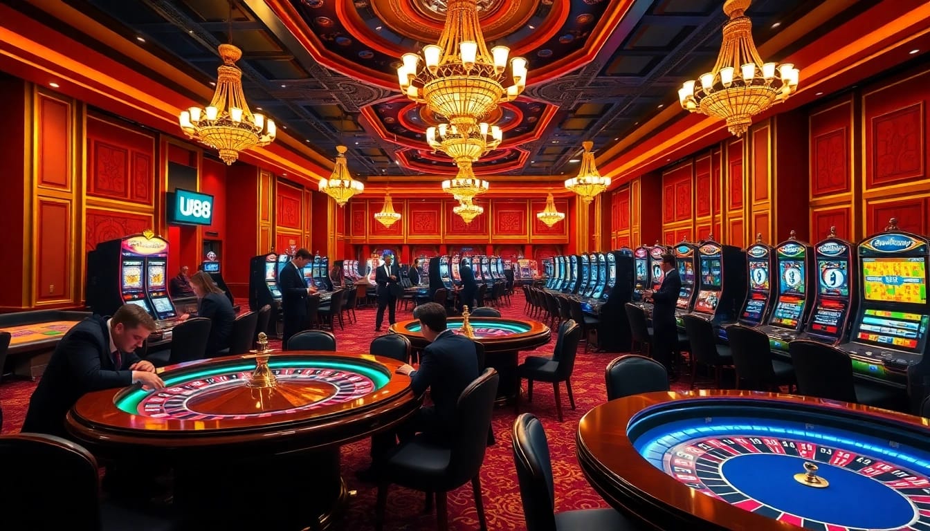 A dynamic casino scene at UU88 featuring roulette wheels and vibrant slot machines, showcasing thrilling gambling experiences.