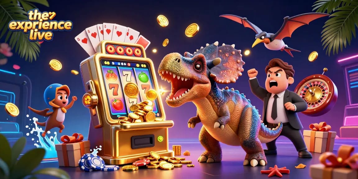 Theexperiencelive showcases a vibrant 3D illustration of a pachycephalosaurus winning big at a slot machine amidst a lively casino setting.