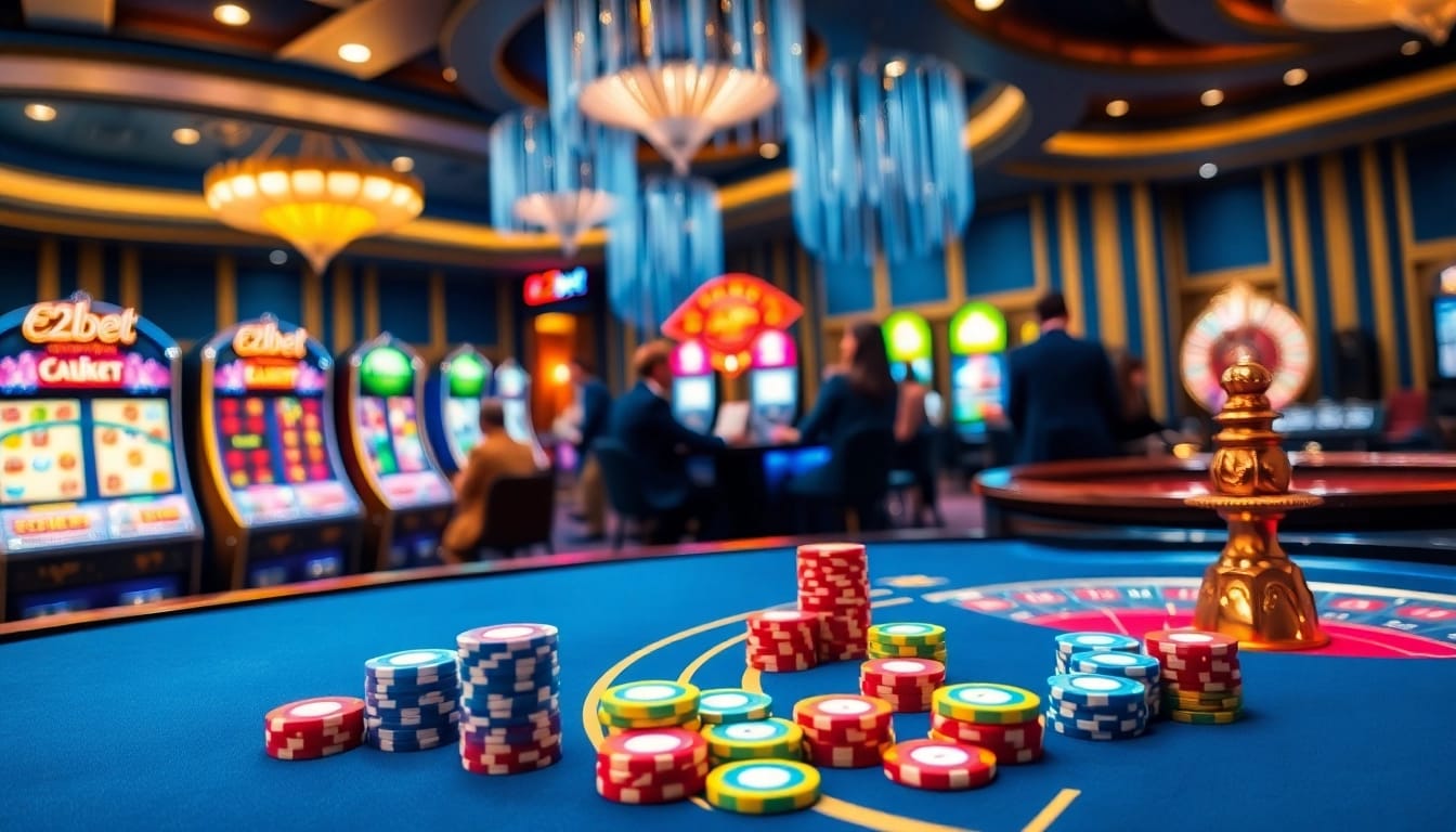 E2bet players enjoying a dynamic casino atmosphere with poker chips and vibrant slot machines.
