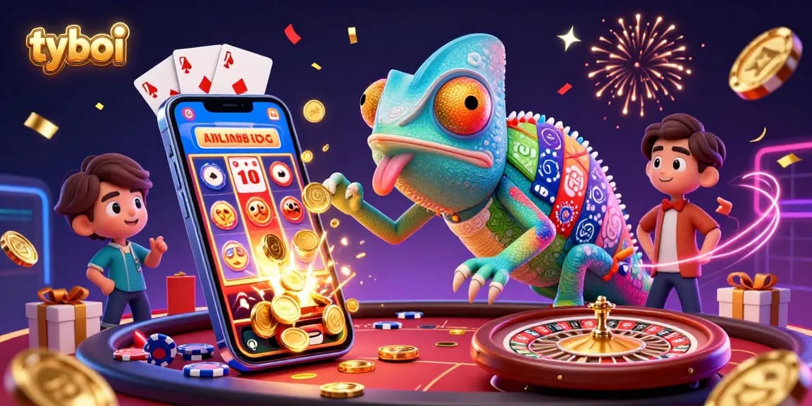 Experience thrilling gameplay at tyboi with a vibrant 3D casino world featuring a colorful chameleon and exciting game elements.