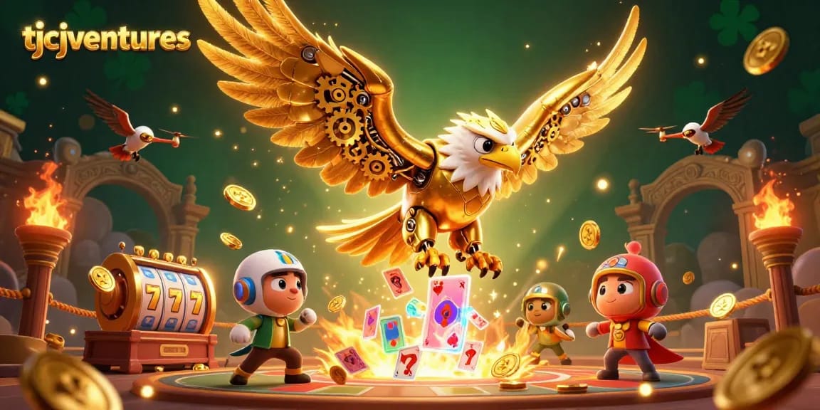Experience thrilling moments at tjcjventures with a golden eagle soaring amidst vibrant casino elements.