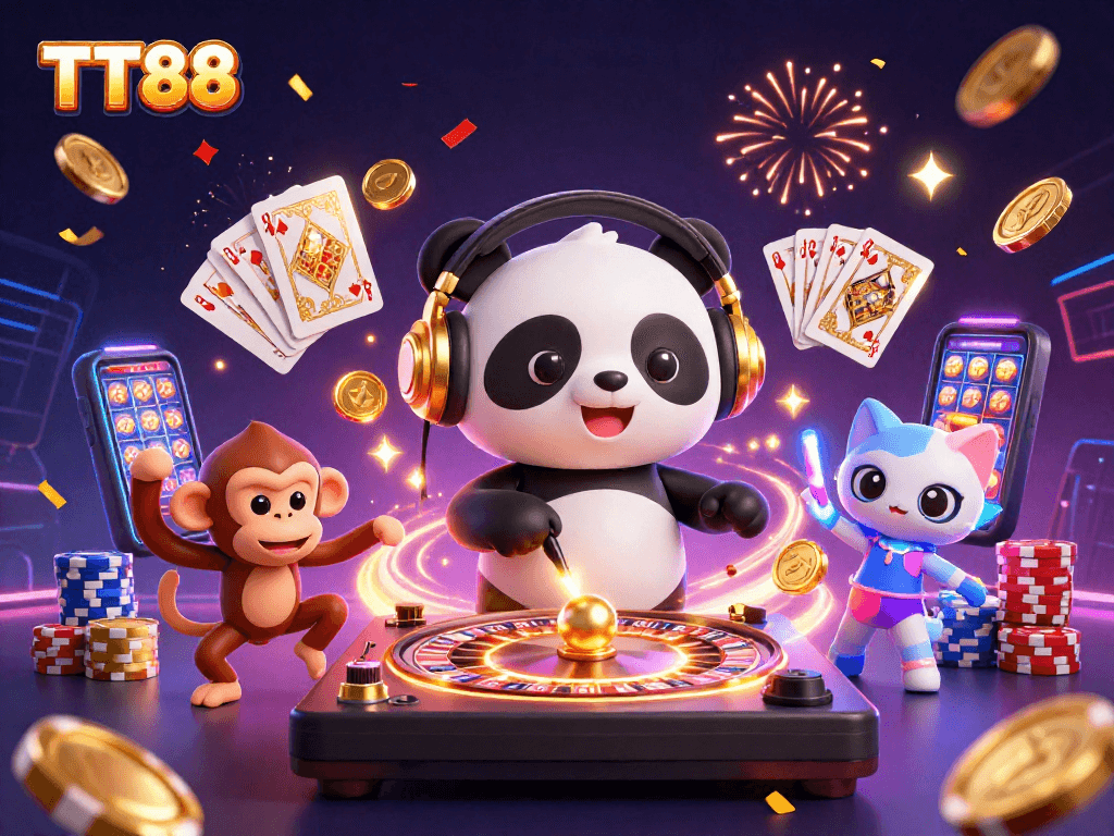 Win big with TT88 in an electrifying casino scene featuring a DJ panda and vibrant gaming elements.
