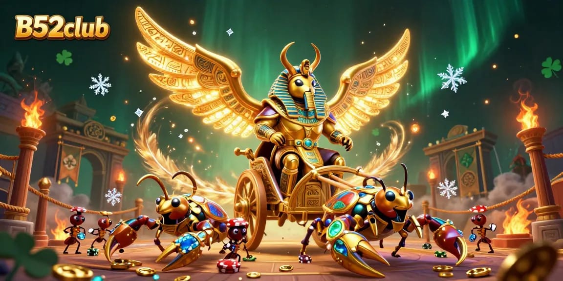 Engage with thrilling B52club adventures featuring a golden scarab and scorpion chariot in a dynamic casino scene.