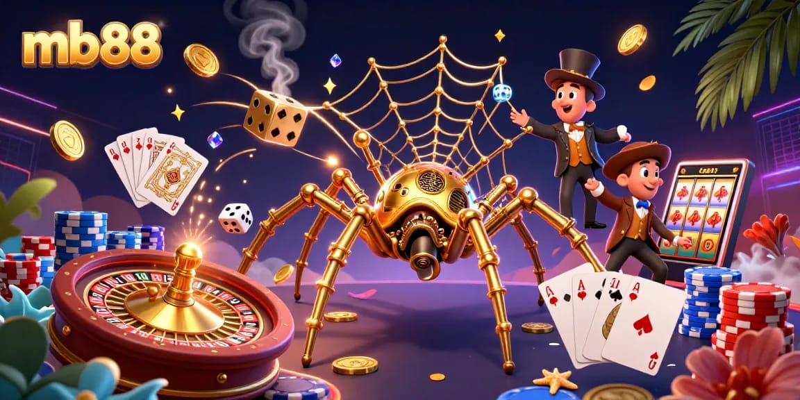 Experience the thrill of mb88 with a vibrant 3D casino scene featuring gold coins and poker elements.