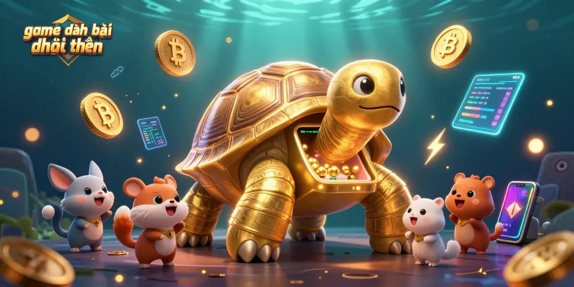 Engage in game đánh bài đổi thưởng with a vibrant illustration of a golden tortoise and joyful small animals.