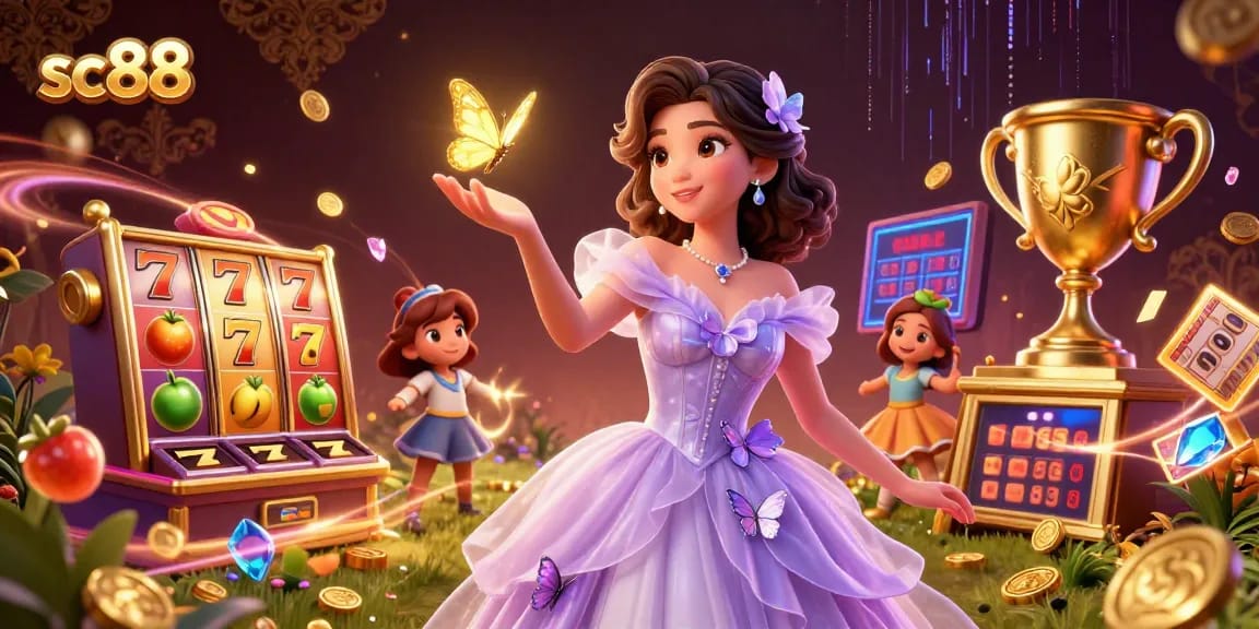 Spin the reels at sc88 with an enchanting casino scene featuring a stunning Asian woman and vibrant slot elements.