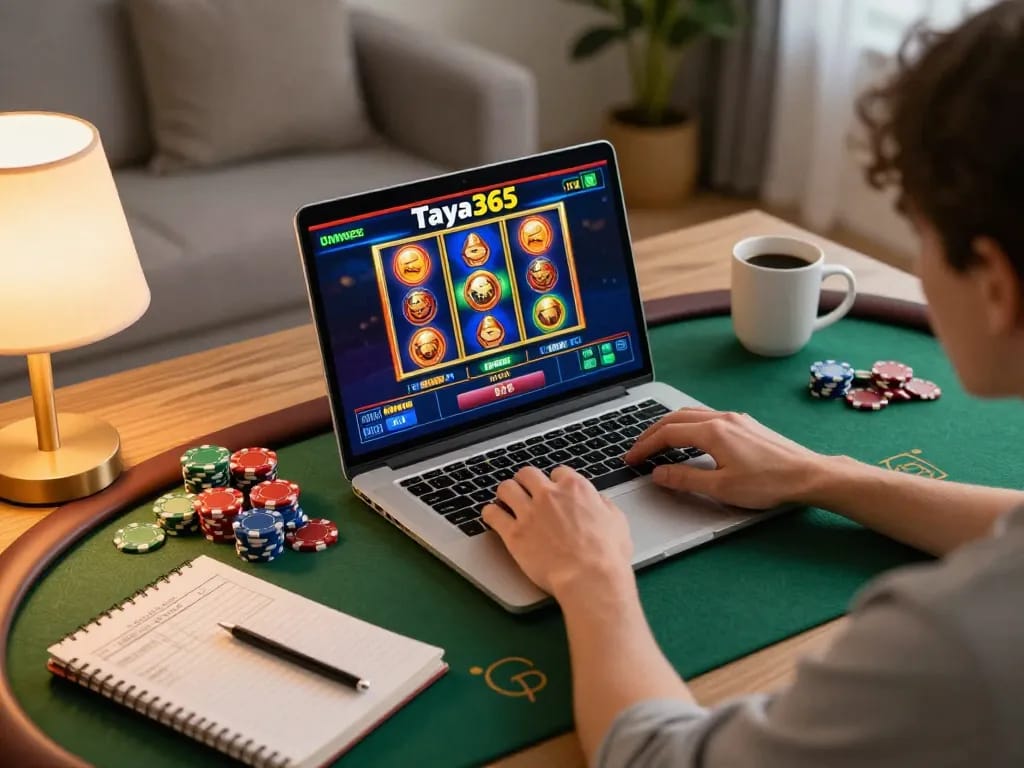 Taya365 gamer using a laptop for online casino gameplay at home, showcasing responsible gambling.