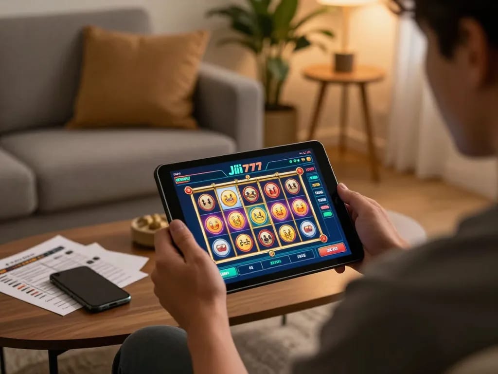Engaging with Jili777 casino app on a tablet at home, showcasing vibrant slot game action.