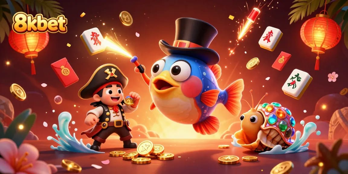 Join 8xbet in this vibrant casino adventure with anglerfish, shrimp, and treasure in a captivating illustration.