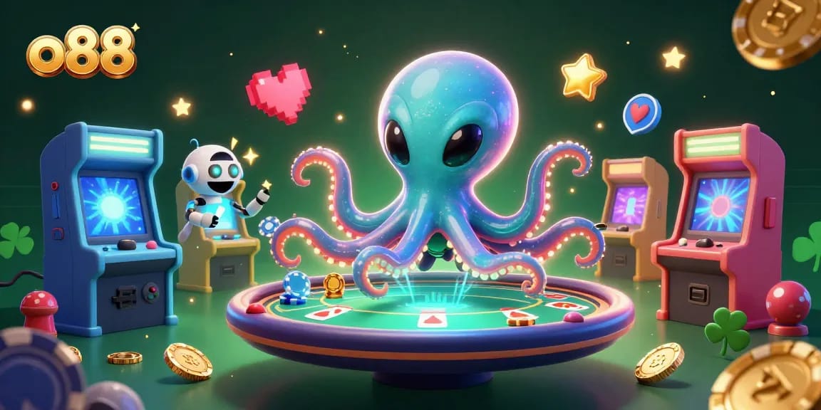 Experience thrilling gameplay with o88 at a vibrant casino scene featuring an alien octopus and games.