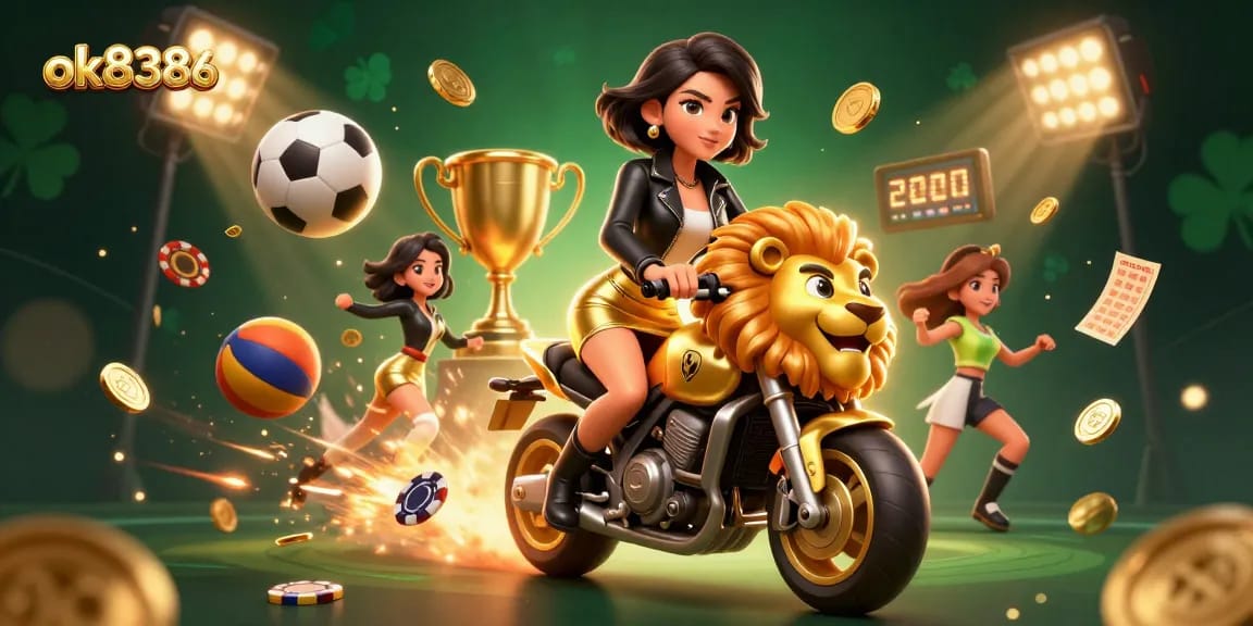 Engage with the thrilling action of ok8386 where a glamorous woman rides a golden lion mascot amidst vibrant sports elements.