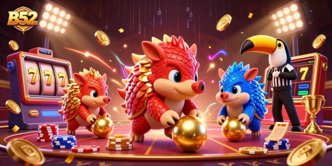 B52club pangolins in red and blue armor bowling through poker chips in a vibrant casino scene.
