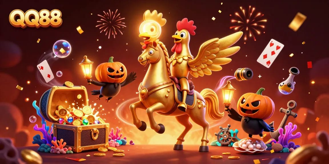 Immerse in QQ88, where a golden rooster rides in a midnight casino surrounded by treasures.