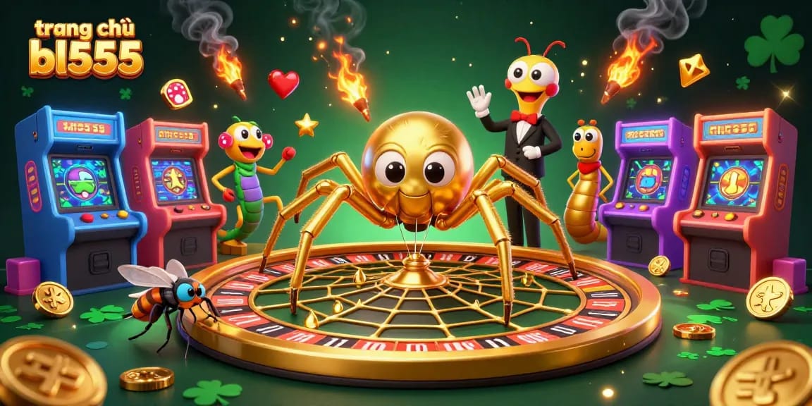 Experience the thrill at trang chủ bl555 featuring a golden spider, roulette wheel, and vibrant gaming elements.