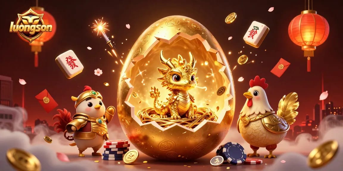 Join the excitement of luongson with a golden dragon revealing poker treasures in vivid 3D illustration.
