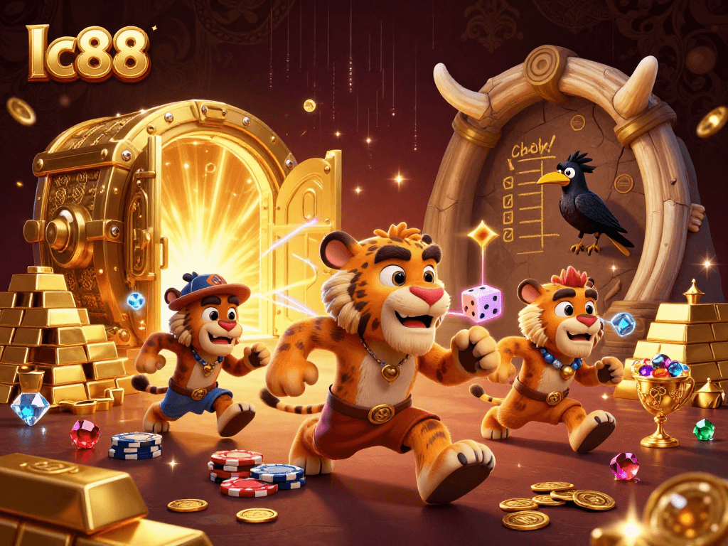 Experience thrilling gameplay at lc88 with a dynamic 3D casino scene filled with treasures and excitement.