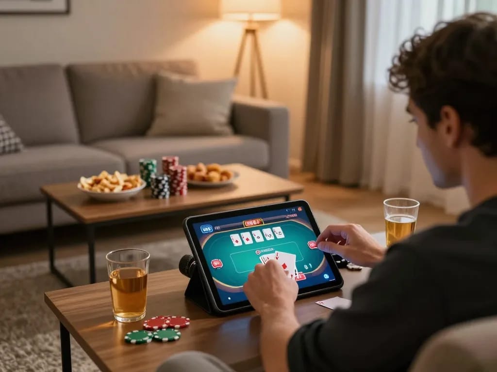 Engaging player enjoying five88 top online poker on a tablet in a cozy home setting.